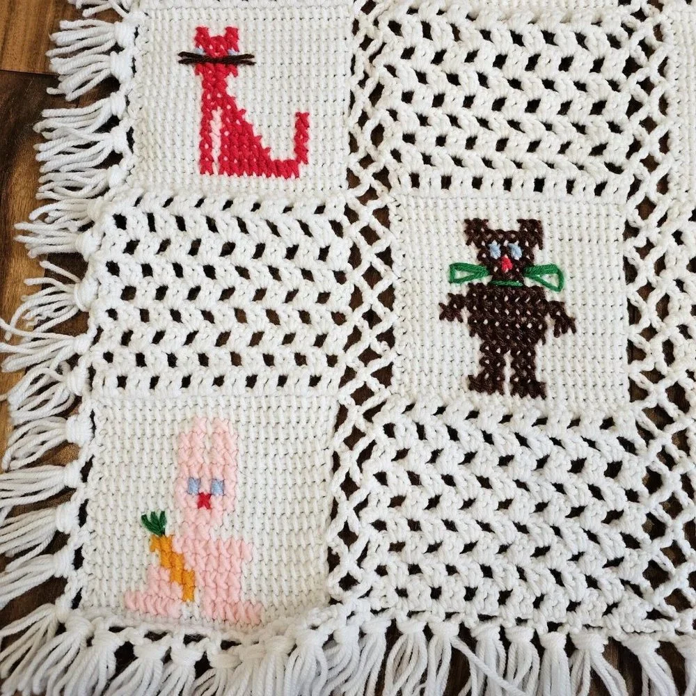 Vintage Crochet Afghan Baby‎ Blanket Bunny Cat Teddy Bear  37